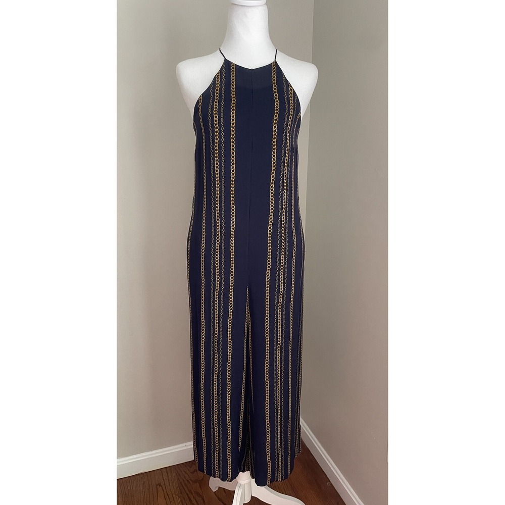 NICHOLAS US 2 Samira 100% Silk Wide Leg Jumpsuit Navy Blue Gold Chain Old Money